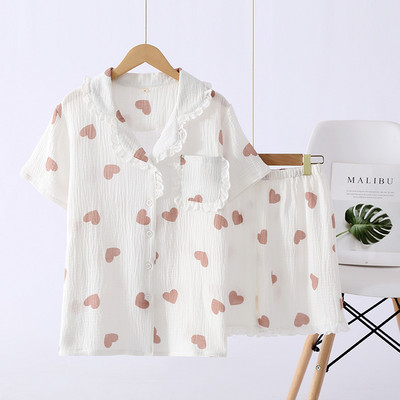 Set de pijamale pentru femei, confort de vară, tifon, bumbac, guler răsturnat, set de lenjerie de dormit pentru femei, subțire, largi, cu imprimeu de morcovi, îmbrăcăminte de acasă