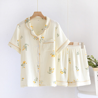 Set de pijamale pentru femei, confort de vară, tifon, bumbac, guler răsturnat, set de lenjerie de dormit pentru femei, subțire, largi, cu imprimeu de morcovi, îmbrăcăminte de acasă