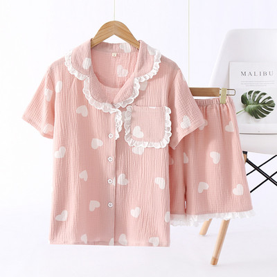 Set de pijamale pentru femei, confort de vară, tifon, bumbac, guler răsturnat, set de lenjerie de dormit pentru femei, subțire, largi, cu imprimeu de morcovi, îmbrăcăminte de acasă