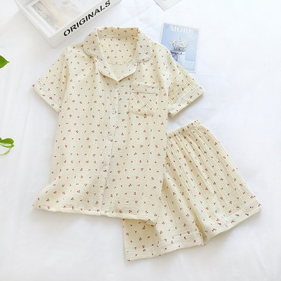 Set de pijamale pentru femei, confort de vară, tifon, bumbac, guler răsturnat, set de lenjerie de dormit pentru femei, subțire, largi, cu imprimeu de morcovi, îmbrăcăminte de acasă