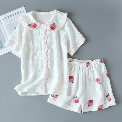 Set de pijamale pentru femei, confort de vară, tifon, bumbac, guler răsturnat, set de lenjerie de dormit pentru femei, subțire, largi, cu imprimeu de morcovi, îmbrăcăminte de acasă