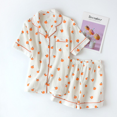 Set de pijamale pentru femei, confort de vară, tifon, bumbac, guler răsturnat, set de lenjerie de dormit pentru femei, subțire, largi, cu imprimeu de morcovi, îmbrăcăminte de acasă