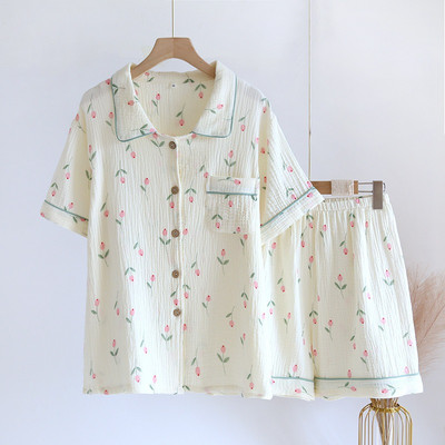 NOVI Kompleti pidžama na okretni ovratnik kratkih rukava Ženske ljetne pamučne krep pamučne kawaii printove u stilu tulipana Trendy ženske pidžame od 2 komada slatke