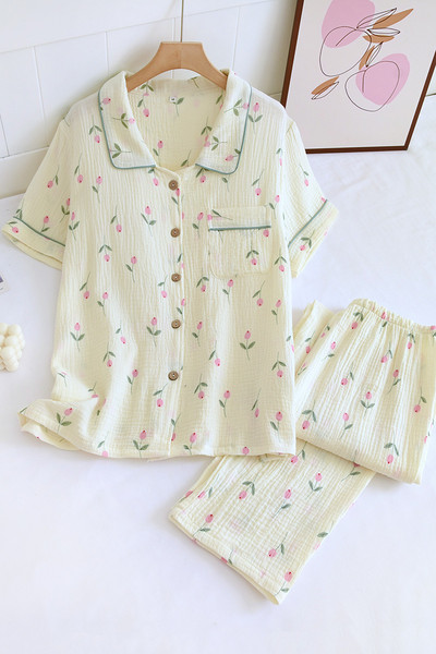 NOVI Kompleti pidžama na okretni ovratnik kratkih rukava Ženske ljetne pamučne krep pamučne kawaii printove u stilu tulipana Trendy ženske pidžame od 2 komada slatke