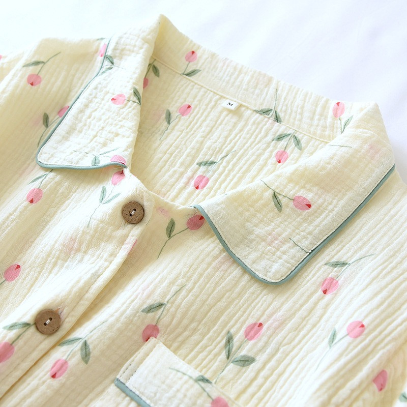 NOVI Kompleti pidžama na okretni ovratnik kratkih rukava Ženske ljetne pamučne krep pamučne kawaii printove u stilu tulipana Trendy ženske pidžame od 2 komada slatke