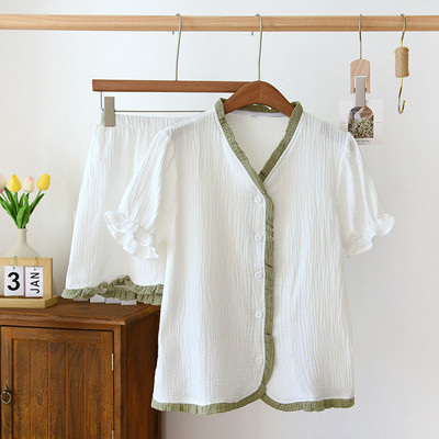 Βαμβακερές Πυτζάμες Κορεάτικες Γυναικείες Πιτζάμες Πιτζάμα με V λαιμόκοψη Ζακέτες Πιτζάμες Γυναικείο Σετ Γυναικείο σετ 2 τεμαχίων Cute Loungewear