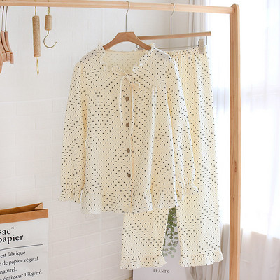 Ανοιξιάτικη και Φθινοπωρινή Νέα Πυτζάμες Μακρυμάνικο Παντελόνι Γυναικείο 100% Βαμβάκι κρεπ Casual Cardigan Dot Στολή για το σπίτι