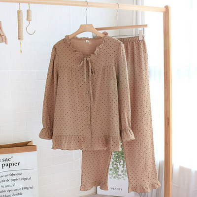 Ανοιξιάτικη και Φθινοπωρινή Νέα Πυτζάμες Μακρυμάνικο Παντελόνι Γυναικείο 100% Βαμβάκι κρεπ Casual Cardigan Dot Στολή για το σπίτι