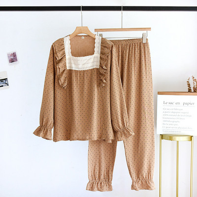 Ανοιξιάτικη και Φθινοπωρινή Νέα Πυτζάμες Μακρυμάνικο Παντελόνι Γυναικείο 100% Βαμβάκι κρεπ Casual Cardigan Dot Στολή για το σπίτι