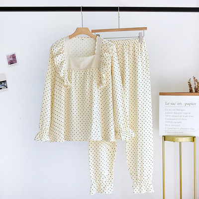 Ανοιξιάτικη και Φθινοπωρινή Νέα Πυτζάμες Μακρυμάνικο Παντελόνι Γυναικείο 100% Βαμβάκι κρεπ Casual Cardigan Dot Στολή για το σπίτι