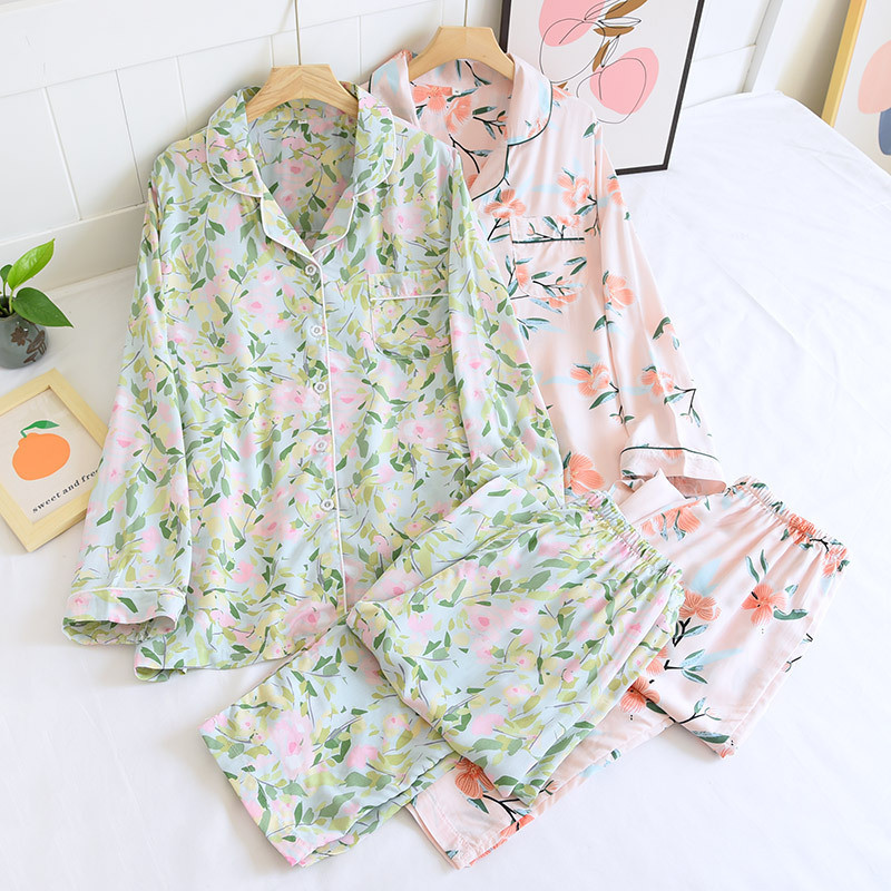 ΝΕΑ Γυναικεία χαριτωμένα κινούμενα σχέδια φλοράλ πιτζάμες από ίνες βισκόζης για το σπίτι με μακρυμάνικο, καλοκαιρινό λεπτό υπνοδωμάτιο