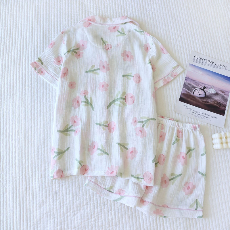 Seturi de pijamale guler răsturnat cu mânecă scurtă femei vară flori de vanilie imprimeu desene animate kawaii la modă femei pijamale 2 buc elegante