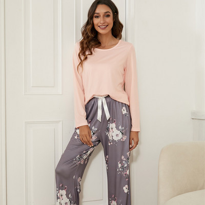 Új virágmintás pizsama, 2 DB Női hálóruha, alkalmi, kerek nyakú, hosszú ujjú, rugalmas derékú hálóruha Retro női pizsama szettek