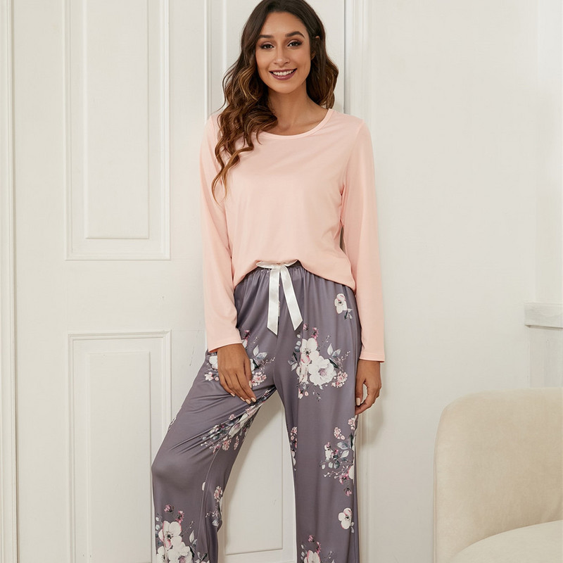 Új virágmintás pizsama, 2 DB Női hálóruha, alkalmi, kerek nyakú, hosszú ujjú, rugalmas derékú hálóruha Retro női pizsama szettek