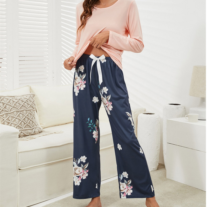 Új virágmintás pizsama, 2 DB Női hálóruha, alkalmi, kerek nyakú, hosszú ujjú, rugalmas derékú hálóruha Retro női pizsama szettek