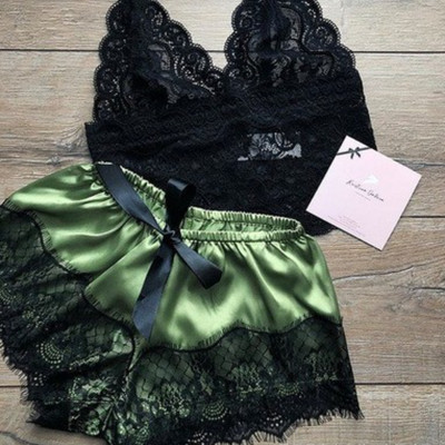 Pijamale sexy pentru femei 2 piese Set de pantaloni scurți de top Lenjerie de dormit Haine Pijamale din dantelă Lenjerie intimă