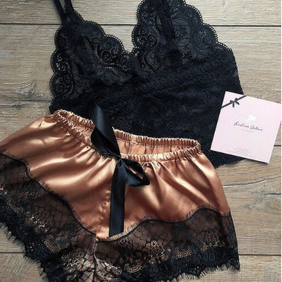 Pijamale sexy pentru femei 2 piese Set de pantaloni scurți de top Lenjerie de dormit Haine Pijamale din dantelă Lenjerie intimă
