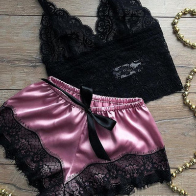 Pijamale sexy pentru femei 2 piese Set de pantaloni scurți de top Lenjerie de dormit Haine Pijamale din dantelă Lenjerie intimă
