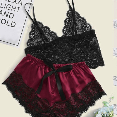 Pijamale sexy pentru femei 2 piese Set de pantaloni scurți de top Lenjerie de dormit Haine Pijamale din dantelă Lenjerie intimă