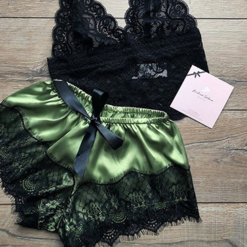 Pijamale sexy pentru femei 2 piese Set de pantaloni scurți de top Lenjerie de dormit Haine Pijamale din dantelă Lenjerie intimă