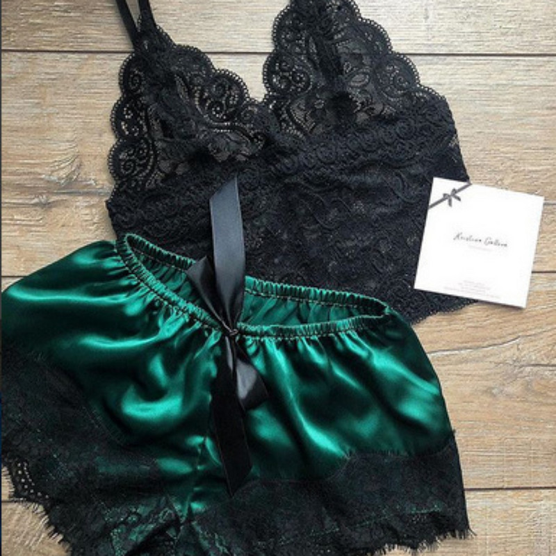 Pijamale sexy pentru femei 2 piese Set de pantaloni scurți de top Lenjerie de dormit Haine Pijamale din dantelă Lenjerie intimă