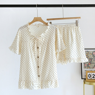 2023, bumbac creponat, dantela gât, pantaloni scurți cu mânecă scurtă, set de pijama pentru femei, set de îmbrăcăminte pentru acasă, rece, respirabil, dulce