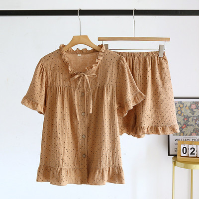 2023, bumbac creponat, dantela gât, pantaloni scurți cu mânecă scurtă, set de pijama pentru femei, set de îmbrăcăminte pentru acasă, rece, respirabil, dulce