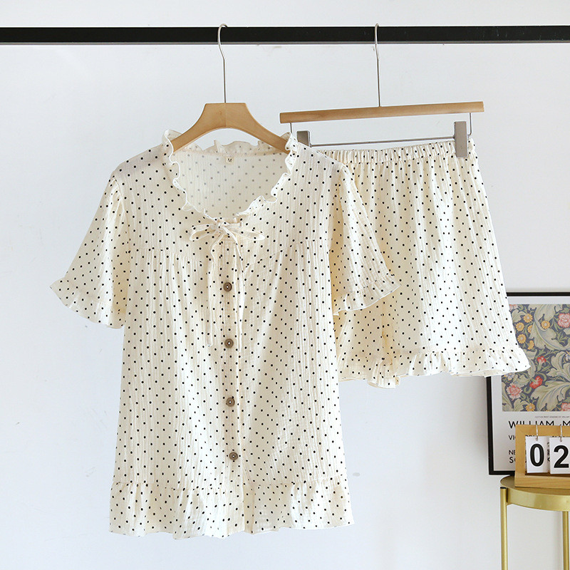 2023, bumbac creponat, dantela gât, pantaloni scurți cu mânecă scurtă, set de pijama pentru femei, set de îmbrăcăminte pentru acasă, rece, respirabil, dulce