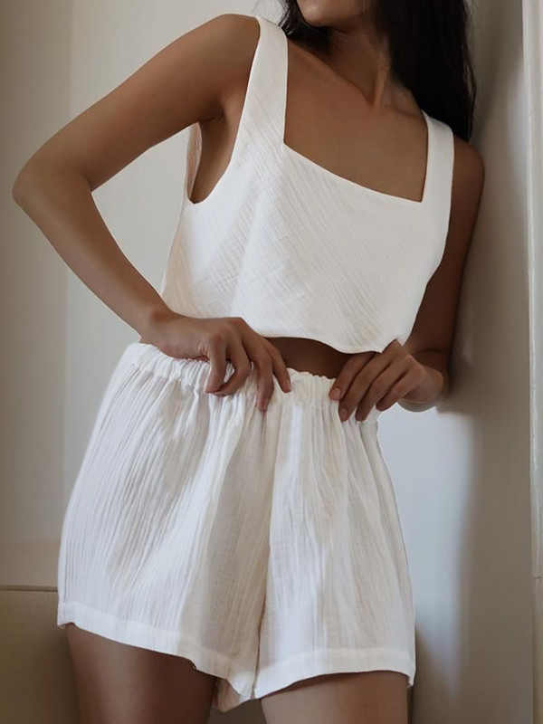 Lenjerie de noapte pentru femei din bumbac Linad Seturi de 2 piese Crop top fără mâneci, ocazional, pentru acasă, cu pantaloni scurți Lenjerie de noapte de primăvară