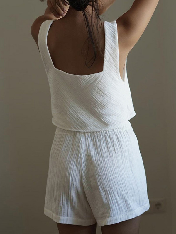 Lenjerie de noapte pentru femei din bumbac Linad Seturi de 2 piese Crop top fără mâneci, ocazional, pentru acasă, cu pantaloni scurți Lenjerie de noapte de primăvară