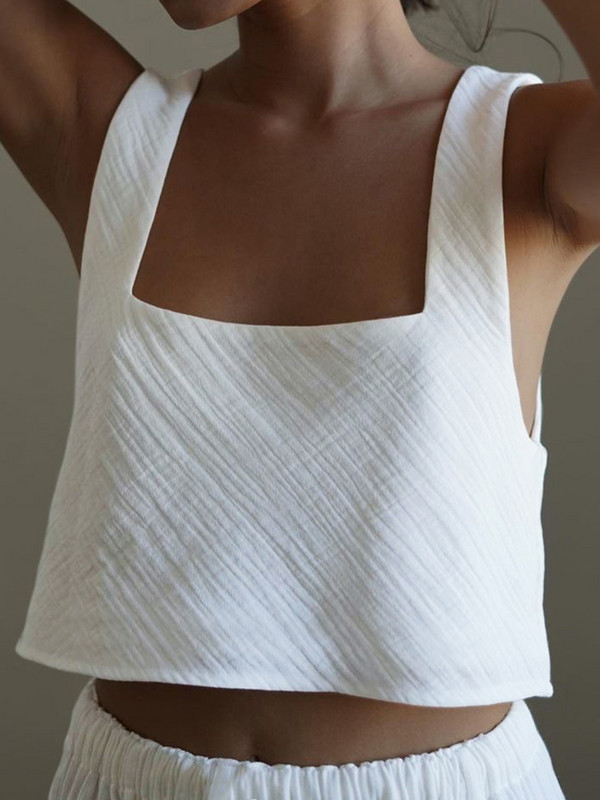 Lenjerie de noapte pentru femei din bumbac Linad Seturi de 2 piese Crop top fără mâneci, ocazional, pentru acasă, cu pantaloni scurți Lenjerie de noapte de primăvară