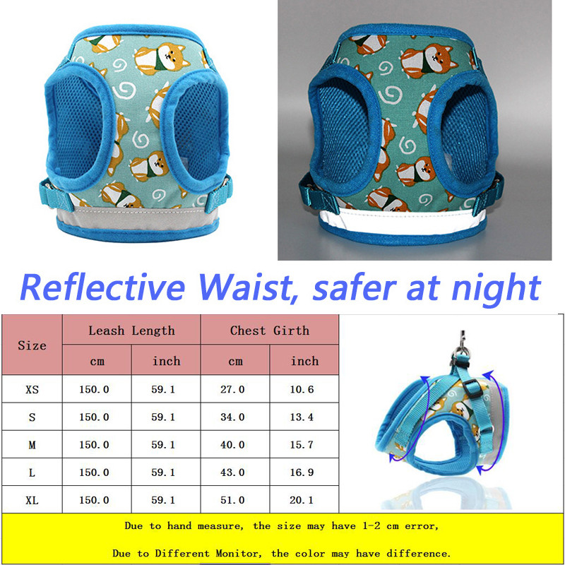 Ανακλαστικό γιλέκο με λουρί για σκύλους για μικρόσωμους μεσαίους σκύλους Κινούμενα σχέδια Shiba Inu Κολάρο με πλέγμα για κουτάβι που περπατά με λουρί για κατοικίδια