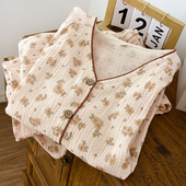 Νέο ανοιξιάτικο φθινοπωρινό σετ γυναικείες πιτζάμες 100% βαμβακερό κρεπ μακρυμάνικο παντελόνι δύο τεμαχίων Μικρό φλοράλ V-λαιμόκοψη τεσσάρων εποχών σπιτικό κοστούμι