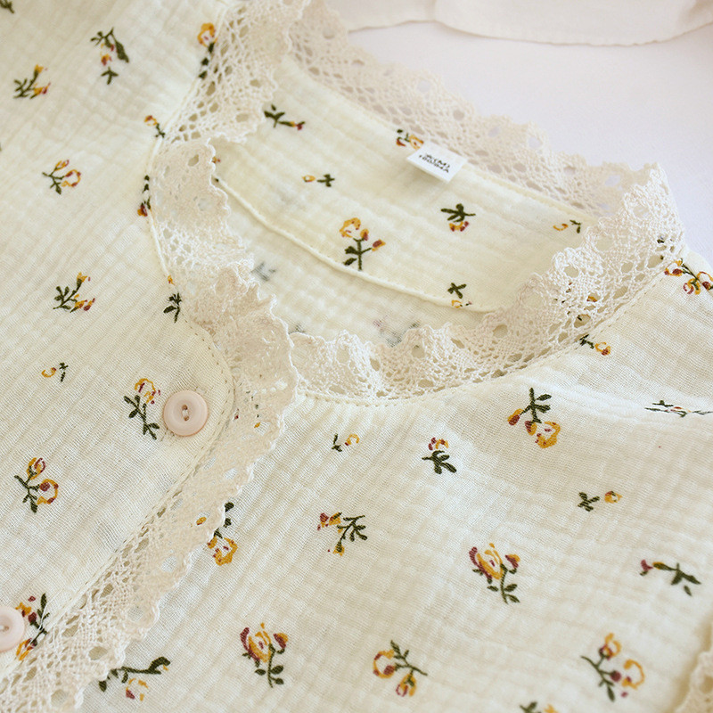 Γυναικείες πιτζάμες κρεπ βαμβακερές Κορεάτικες μακριές πυζάμες με λουλούδια πιτζάμες με στρογγυλή λαιμόκοψη Γυναικείο σετ κοντό μανίκι 2 τεμαχίων