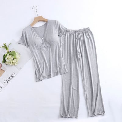 Fdfklak Modal Пижами за бременни и кърмачки Комплект пижами с къс ръкав 2PCS Пижами за кърмене Дрехи за бременни жени