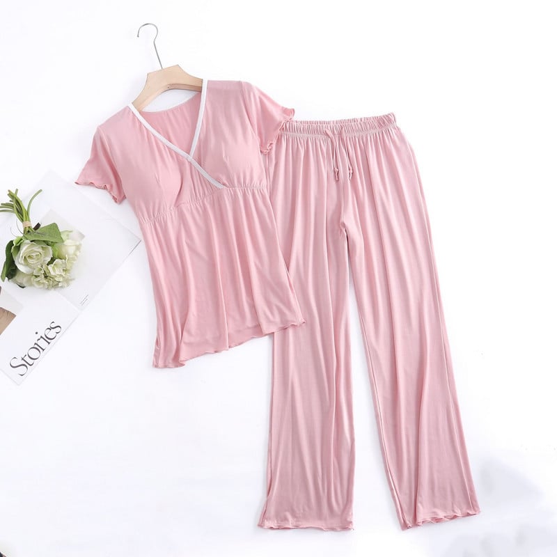 Fdfklak Modal Пижами за бременни и кърмачки Комплект пижами с къс ръкав 2PCS Пижами за кърмене Дрехи за бременни жени