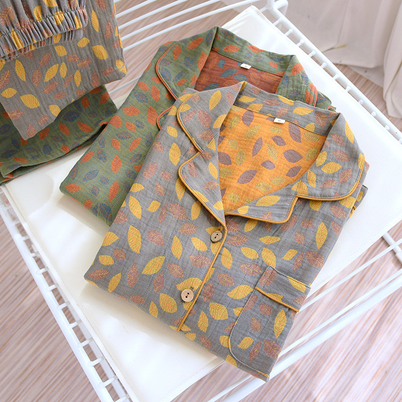 Φθινοπωρινά πλυμένα βαμβακερά φύλλα με στάμπα γυναικεία ενδύματα μακρυμάνικο παντελόνι πιτζάμα σετ γυναικεία κοστούμια παντελονιών πιτζάμα για ρετρό ενδύματα σπιτιού