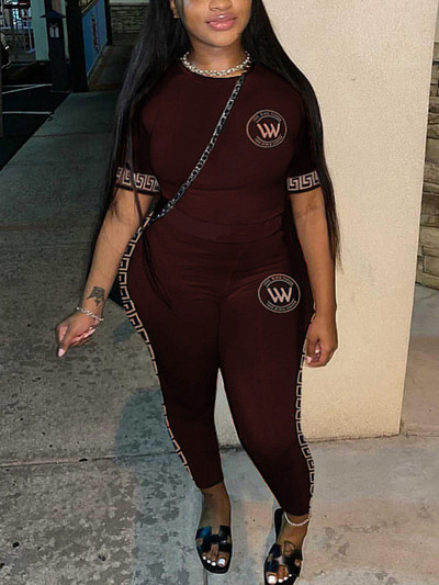 LW Plus Size Two Piece Σετ Letter Print Skinny Παντελόνι Σετ καλοκαιρινό κοντομάνικο Γυναικεία ρούχα Μόδα Streetwear 2τμχ Αθλητικές φόρμες