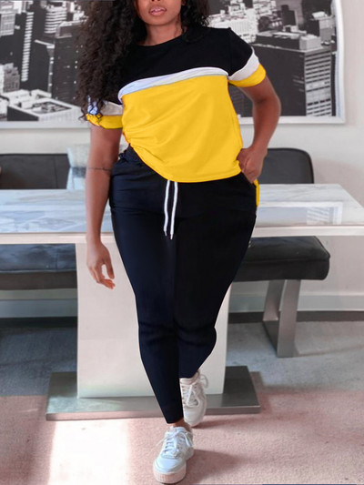 LW plusssuurus, kaheosaline kirjatrükiga dressipüksid, naiste komplekt, 2-osaline, lühikeste varrukatega triikpüksid vabaaja püksid.