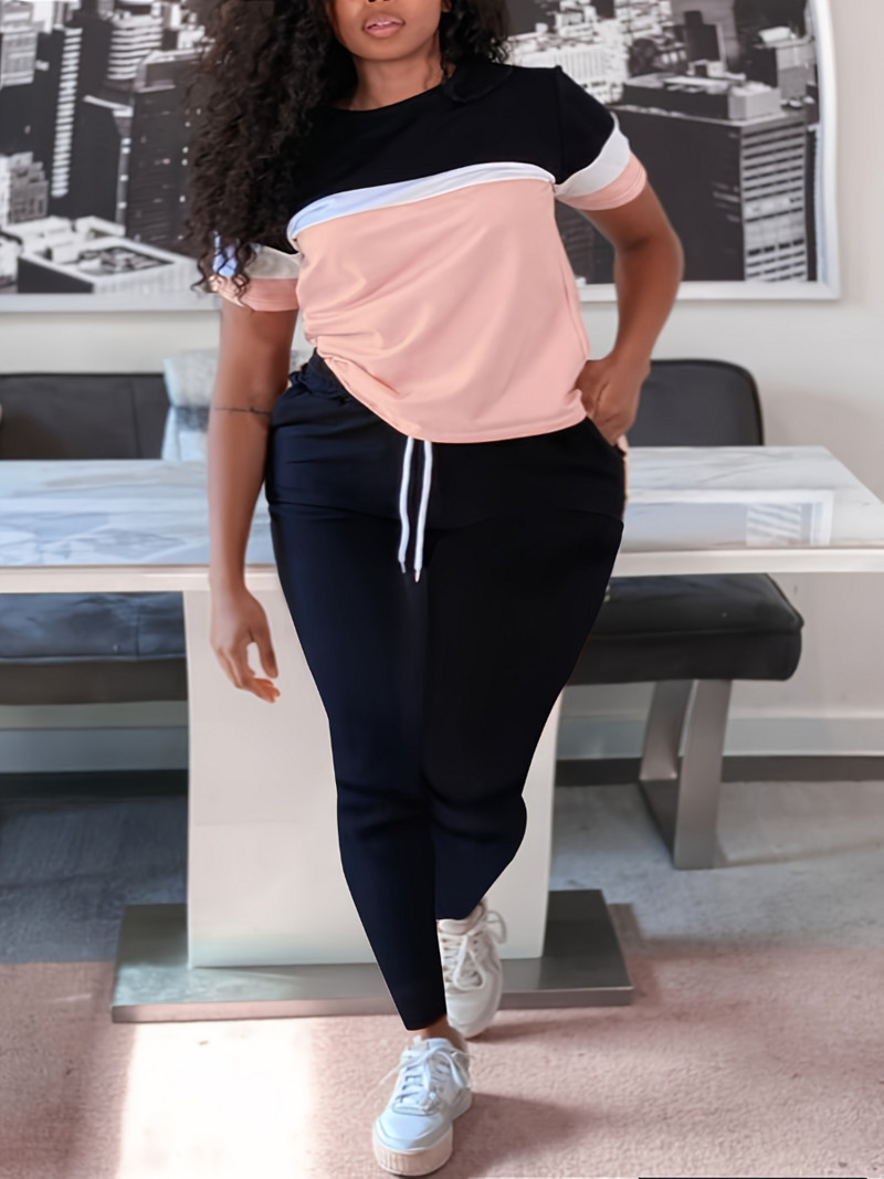 LW plusssuurus, kaheosaline kirjatrükiga dressipüksid, naiste komplekt, 2-osaline, lühikeste varrukatega triikpüksid vabaaja püksid.