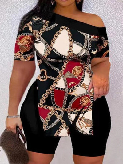 LW Plus Size Σετ δύο τεμαχίων Figure Print Σετ ριγέ σπαστό παντελόνι με έναν ώμο με μακρυμάνικο σέξι γυναικείο κοστούμι Streetwear αθλητική φόρμα