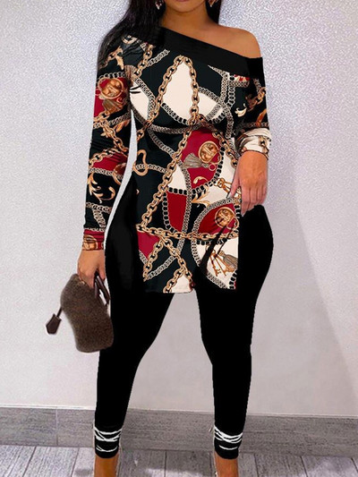 LW Plus Size Σετ δύο τεμαχίων Figure Print Σετ ριγέ σπαστό παντελόνι με έναν ώμο με μακρυμάνικο σέξι γυναικείο κοστούμι Streetwear αθλητική φόρμα