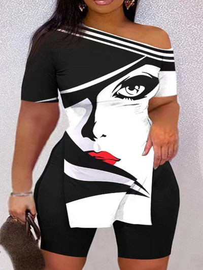 LW Plus Size Σετ δύο τεμαχίων Figure Print Σετ ριγέ σπαστό παντελόνι με έναν ώμο με μακρυμάνικο σέξι γυναικείο κοστούμι Streetwear αθλητική φόρμα