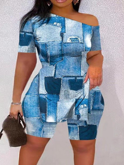 LW Plus Size Σετ δύο τεμαχίων Figure Print Σετ ριγέ σπαστό παντελόνι με έναν ώμο με μακρυμάνικο σέξι γυναικείο κοστούμι Streetwear αθλητική φόρμα