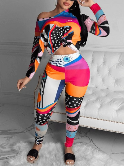 LW Plus Size Two τεμάχια Σετ παντελονιών Mixed Print Σετ παντελόνι Causal Γυναικείο κοστούμι μακρυμάνικο + στενό γυναικείο παντελόνι ταιριαστό αθλητικό σετ γυμναστικής