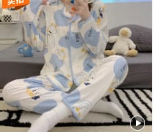 Terhes nők szülés után szoptató pamut pizsama szett őszi, hosszú ujjú Peter Pan gallérral szoptató ing + hosszú nadrág ikerkészlet