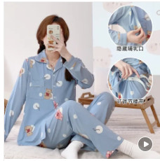 Terhes nők szülés után szoptató pamut pizsama szett őszi, hosszú ujjú Peter Pan gallérral szoptató ing + hosszú nadrág ikerkészlet