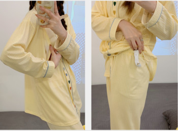 Комплект памучни пижами за бременни жени след раждане и кърмене Есенен комплект с дълги ръкави Питър Пан яка Ризи за кърмене + дълги панталони Twinset