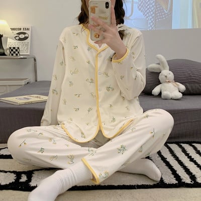 Terhes nők szülés után szoptató pamut pizsama szett őszi, hosszú ujjú Peter Pan gallérral szoptató ing + hosszú nadrág ikerkészlet