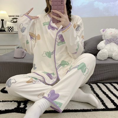 Terhes nők szülés után szoptató pamut pizsama szett őszi, hosszú ujjú Peter Pan gallérral szoptató ing + hosszú nadrág ikerkészlet